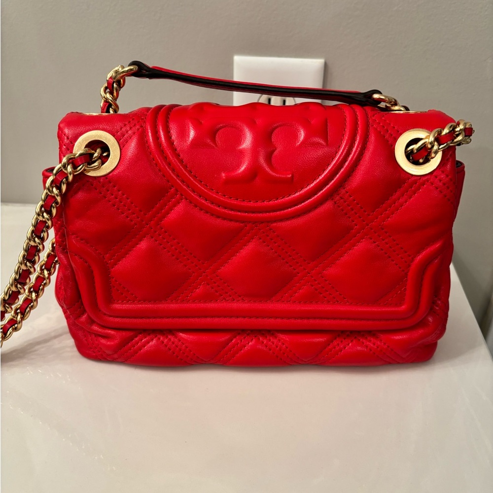 Tory Burch Red Shoulder Bag with Quilted Design and Gold Hardware